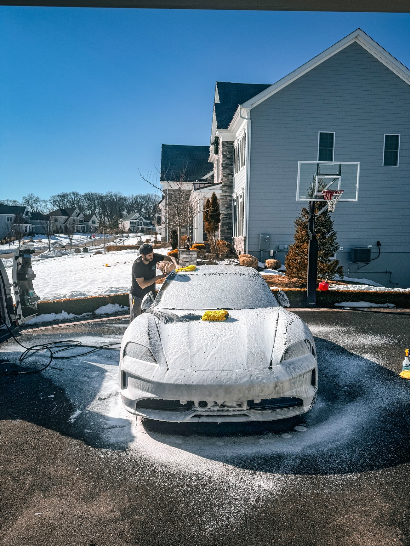 Porsche Taycan winter snow-foam wash by Monmouth Detail Co mobile detailing in Monmouth County, NJ
