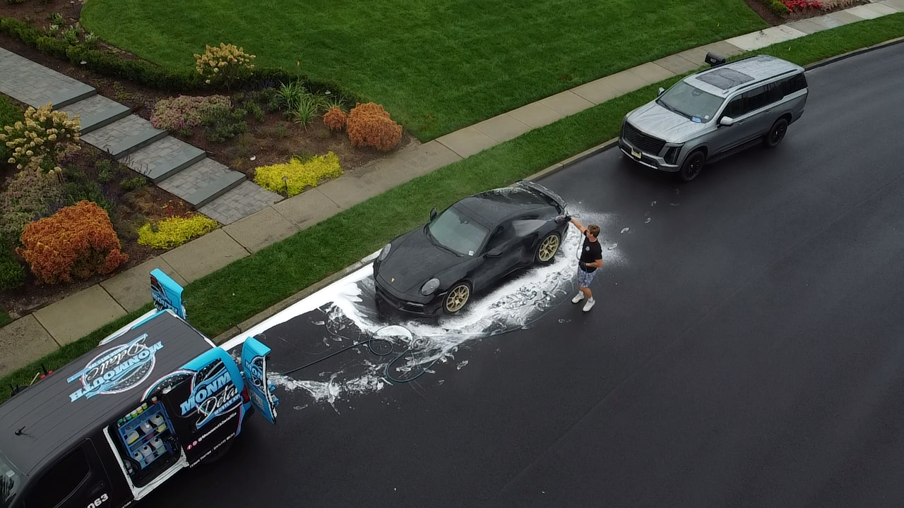 Porsche 911 snow-foam wash from the Monmouth Detail Co mobile detailing van in Monmouth County, NJ